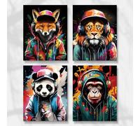 Graffiti Animals Wall Art,Funny Bathroom Art Posters,Monkey Lion Panda Fox Headphone Art Paintin for Teen Boys Children Game Room Wall Decor,Abstract Animals Wall Decor Set of 4 (Unframed 8x10inch)