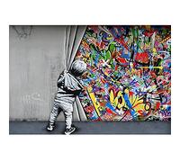 Graffiti Art Canvas Paintings on The Wall Boy Behind the Curtain Art Posters and Prints Modern Street Art Wall Pictures 60x120cm(24x47in) Frameless