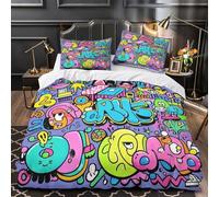 Graffiti art style 3D Print 3-Piece Duvet Cover Vibrant cartoon characters Bed Cover Set Ultra Soft Microfiber Concealed Zipper Anti-Bacterial for Toddlers Kids Teens Single（140x200cm）