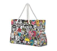 Graffiti Art Trend Play Stickers Sandproof Work Tote Bag with Side Pocketes Waterproof Tote Bag for Pool Gym Grocery Travel