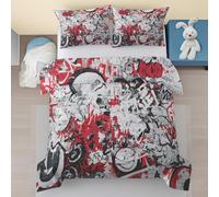 Graffiti Bedding Super King Size Abstract Hip Hop Pattern Duvet Cover Sets 3 Pieces, Red Black White Modern Soft Microfiber Bedding Quilt Cover 260x220 with Zipper Closure and 2 Pillowcases jLs198