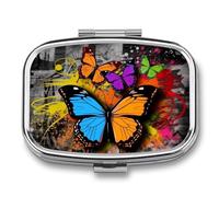 Graffiti Butterfly Pill Box 2 Compartments Portable Travel Pill Case Mini Medicine Organizer for Pocket Purse Metal Waterproof Medicine Container Holder Vitamin Fish Oil