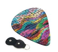 Graffiti Colorful Brick Printed Guitar Picks, 6 Pack with Leather Keychain Pick Holder - 0.46mm, 0.71mm, 0.96mm Assorted Thickness for Acoustic Ukulele, Electric Guitar, Acoustic Guitar, Bass