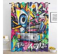 Graffiti Curtains, Doodle Rock Music Hip Hop Blackout Curtain, 52 x 63 Inch 2 Panels Thermal Curtains & Drapes, Eyelet Curtain for Bedroom Living Room Home Window Decor