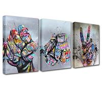 Graffiti Decor Fist Inspirational Fingers Pictures Colorful Hand Gloves Artwork Abstract Banksy Paintings Norse Artwork for Living Room 3 Panels Prints on Canvas Framed Ready to Hang(42''Wx20''H)