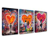 Graffiti Girl Boy Canvas Art Colorful Street Wall Picture Scribble Love Wall Art Prints Poster Room Decor Watercolour Style for Livingroom Home Wall Decor Artwork Stretched Easy to Hang 42”Wx20”H