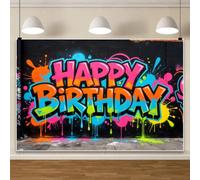 Graffiti Happy Birthday Backdrop 10x8ft Colorful Graffiti Splash Paint Neon Photo Backdrop for Boy Girl Adult Birthday Party Decor Banner Photo Booth Studio Prop