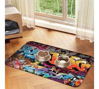 Graffiti Hip Hop Pet Feeding Mat Absorbent Pu Leather Dog Cat Food Mats Contain Spills Protects Floors, Anti-Slip Rubber Backing Dog Bowl Mats Easy Clean Pet Placemats 40x60cm