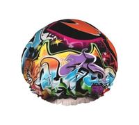 Graffiti Hip Hop Printed Shower Cap for Women Waterproof Bath Caps Reusable Double Layered Shower Hat Bathing Shower Caps for Men Ladies Spa Salon