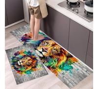 Graffiti Lion Face Kitchen Rugs And Mats Non Skid Washable Set Of 2, Brick Wall Animal Art Kitchen Floor Mats, Yellow-Green Kitchens Runner Rug,50×80Cm+50×120Cm