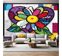 Graffiti Mural Wallpaper Colorful Heart-Shaped Flowers Non-Woven Art Print 390 x 260cm Wall Murals Poster Picture Design Modern Decoration for Bedrooms Living Room Children Nursery