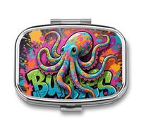 Graffiti Octopus Pill Box 2 Compartment - Small Metal Medicine Organizer Portable Pill Case for Purse Pocket Travel Vitamin Organizer for Men Women, BPA-Free