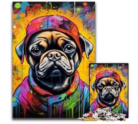 Graffiti Painting Pug Jigsaws 1000 Pieces for Adults Wooden Jigsaw Puzzles for Adults Family Activity, Brain Teaser, Home Decor, 50x75CM/19.68x29.52inch