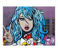 Graffiti Peace Girl Blue Hair Street Art Large Canvas Wall Art Print