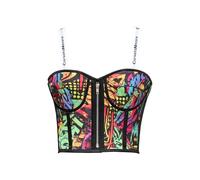 Graffiti Print Cotton Overbust Corset Crop Top Bustier Burlesque Costume Plus Size Front Zip