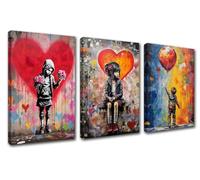 Graffiti Prints Poster Banksy Love Wall Art Girl Boy Balloon Canvas Art Colorful Scribble Street Wall Picture Room Decor Watercolour Style for Livingroom Decor Artwork Stretched Easy to Hang 42”Wx20”H