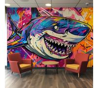 Graffiti Shark Wallpaper for Living Room, Colorful Street Art Wall Mural for Bedroom, Non-Woven Photo Wallpaper Home Decor 200X140cm, Wall Decoration D10