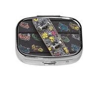 Graffiti Skateboard Pill Case 2 Compartment Pill Box Portable Metal Pill Organizer Cute Travel Pill Container Vitamin Organizer for Purse Pocket Travel Gift