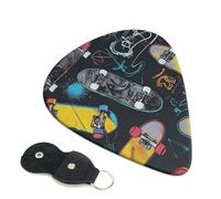 Graffiti Skateboard Printed Guitar Picks, 6 Pack with Leather Keychain Pick Holder - 0.46mm, 0.71mm, 0.96mm Assorted Thickness for Acoustic Ukulele, Electric Guitar, Acoustic Guitar, Bass