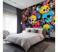 Graffiti Skull Mural Wallpaper, Colorful Street Art Wallpaper for Bedroom, Living Room, TV Backdrop, Office, 3D Large Wall Mural Non-Woven Wall Paper 400 x 280 cm (WxH) qxf112