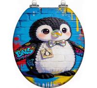 Graffiti Street Art Penguin Decorative Toilet Seat with Hinges | Quiet close, quick release hinges, easy to clean, smooth resin surface, A6 variant, fits most standard toilets, modern street