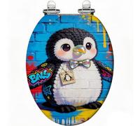 Graffiti Street Art Penguin Decorative Toilet Seat with Hinges | Quiet close, quick release hinges, easy to clean, smooth resin surface, A6 variant, fits most standard toilets, modern street