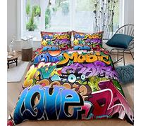 Graffiti Style Bedding Set Hip Hop Theme Kids Comforter Cover for Boys Teens Youth Illustration, Decorative Young Man Duvet Cover Street Culture 3 Pcs Super King Bedspread Cover with Zipper
