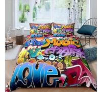 Graffiti Style Bedding Set Kids Hip Hop Theme Comforter Cover for Boys Teens Youth Illustration, Decorative Young Man Duvet Cover Street Culture 3 Pcs Double Bedspread Cover with Zipper
