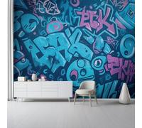 Graffiti Style Cartoon Characters Wall Mural Wallpaper - Dark Blue Pattern Non-Woven Photo Wallpaper for Classroom Bathroom Apartment Home Decor, 350 x 256 cm Easy to Clean Poster Custom Mural