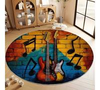 Graffiti Wall Guitar Bass Round Rugs 80 cm Area Rug Washable Moisture Barrier Round Carpet, Brown Soft Non-Slip Low Pile Circle Carpet - Entryway Office Bedroom Living Room Runner