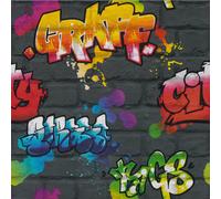 Kids Black Graffiti Wallpaper Brick Effect Feature Wall Bedroom Games Room