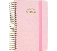 Grafoplás | 2024 A6 Day Page Diary | Spanish | 10.5 x 16.5 cm | Spanish | Hard Cover | Metallic Fabric Cover | Elastic Closure | Pastel Pink | Metallic Series
