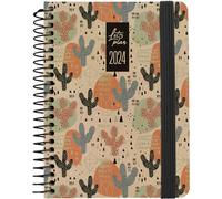 Grafoplás | 2024 Year Day Planner | A6 | 16.5 x 10.5 cm | Spanish | Design Cactus | Nature | Hard Cover | Kraft Paper and Recycled Cardboard Cover 100% | Elastic Closure