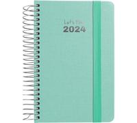 Grafoplás | 2024 Yearly Diary Week to View | Mint | A6 | Spanish | Spiral | Hardcover Lined Fabric | Elastic Closure | January to December Year 24 | Fancy Series