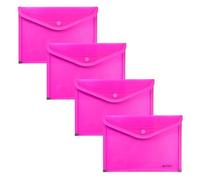 Grafoplas - 4 Plastic Folder Envelopes with Button Closure, Fabric Trim, 24.5 x 17.5 cm, Translucent Fuchsia Colour, for Small Documents A5 or Less, Perfect as Portfolios in The Office