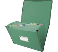 Grafoplas - Bellows File Folder, Foolscap Size, Dark Green, 13 Positions, Semi-Rigid Opaque Poly, Includes Label for Visors, Perfect Filing Folder for School and Office Documents