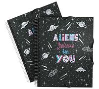Grafoplás | Folder Plastic Sleeves | A4 | 30 Transparent Linings | with Spiral | Includes Envelope with Closure | Flexible Covers | Aliens, Elena Corredoira