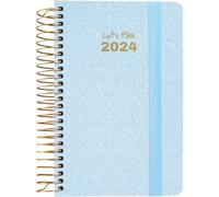 Grafoplás | Pocket Diary | Day Page | Spanish | A6 | 10.5 x 16.5 cm | Hard Cover | Metallic Fabric Cover | Elastic Closure | Pastel Blue | Metallic Series