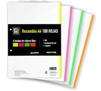 Grafoplás | Refill of 100 A4 Sheets, 5 x 5 mm Grids, 4 Fluorescent Coloured Bands, 4 Drills, PaperClas90g, Bits & Bobs Pop and Design
