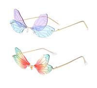 Grainas Unisex Butterfly Rimless Eye Eyewear Metal Frame UV400 Sunglasses, Blue Purple + Red Green Gradient, One Size