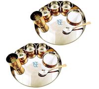 GRAINEX ENGINEER Stainless Steel Copper Hammered Finish Dinner Set of 1 Thali, 3 Bowl, 1 Water Glass, 1 Dessert Spoon, 1 Sweet Dish (Thali Diameter 13 inch) Set of 2