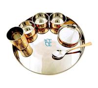 GRAINEX ENGINEER Stainless Steel Copper Hammered Finish Dinner Set of 1 Thali, 3 Bowl, 1 Water Glass, 1 Dessert Spoon, 1 Sweet Dish (Thali Diameter 13 inch) Set of 1