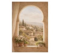 Graiting 1pc Watercolor Pomegranate Tree Coastal Window View Still Life Canvas Poster Wall Pictures Home Decor(16,30x40cm)