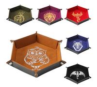 Grajar 6 Pcs DND Dice Tray with Animals Pattern for RPG D&D Table Games - Folding PU Leather and Velvet Rolling Holder Storage Box