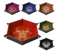 Grajar 6 Pcs DND Dice Tray with Characters Pattern for RPG D&D Table Games - Folding PU Leather and Velvet Rolling Holder Storage Box