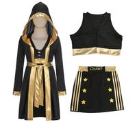 GRAJTCIN Boxer Costume Women Halloween Boxing Cosplay Knockout Outfit with Satin Boxing Hood Robe, Crop Top, Skirt, Belt (S, Black/Gold)