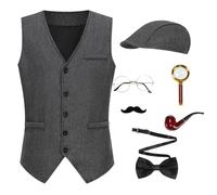 GRAJTCIN Detective Costume Set Sherlock Holmes Costume Set for Adult Men Halloween Cosplay 7 PCS, Dark Gray, XX-L