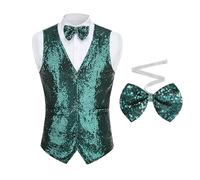 GRAJTCIN Mens Sequin Vest V-Neck Prom Vest Jacket Shiny Party Dress Suit Waistcoat Bowtie Set, Green, X-Large