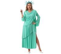 GRAJTCIN Statue of Liberty Costume Women Patriotic Lady Liberty Costume with Crown Independence Day Halloween Party Outfit (XL, Cyan)
