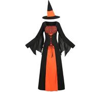 GRAJTCIN Wicked Witch Costume for Women Gothic Sorceress Halloween Party Cosplay Dress with Hat (2XL, Black Orange)